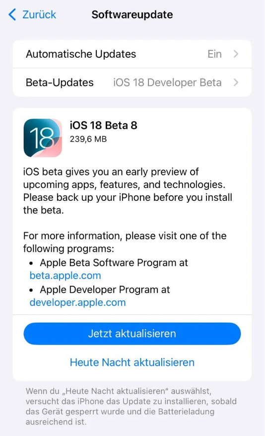 七坊镇苹果手机维修分享苹果 iOS / iPadOS 18 开发者预览版 Beta 8 发布 